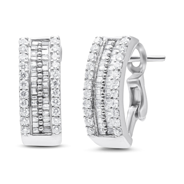 14K White Gold 1 1/2 cttw Round and Baguette Cut Diamond Earrings (H-I, SI2-I1)