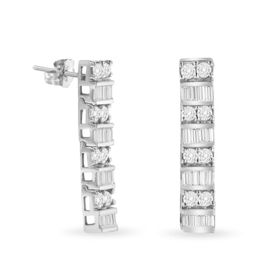 14K White Gold 1 1/3 cttw Round And Baguette Cut Diamond Earrings (H-I, SI2-I1)