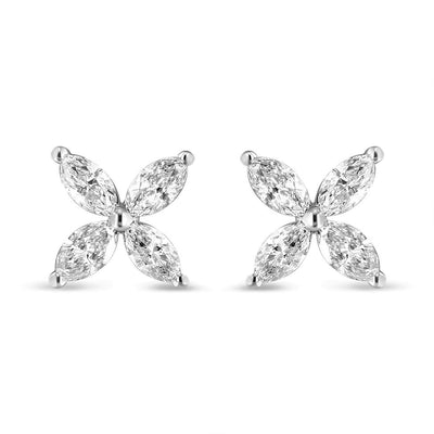 14K White Gold 1.0 Cttw Marquise Diamond 8 Stone Floral Leaf Stud Earrings (H-I Color, SI2-I1 Clarity)