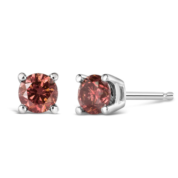 14K White Gold 3/4 Cttw 4-Prong Set Round Brilliant-Cut Pink Diamond Solitaire Stud Earrings (Treated Pink Color, VS2-SI1 Clarity)
