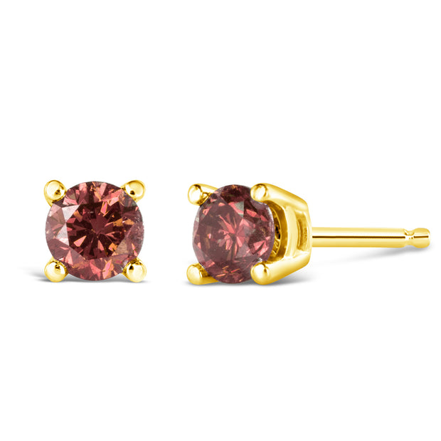 14K Yellow Gold 3/4 Cttw 4-Prong Set Round Brilliant-Cut Pink Diamond Solitaire Stud Earrings (Treated Pink Color, VS2-SI1 Clarity)