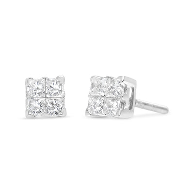 14K White Gold 1/2 Cttw Invisible-Set Princess Diamond Quad Cluster Stud Earrings (H-I Color, SI1-SI2 Clarity)