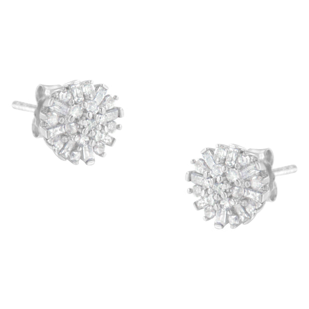 .925 Sterling Silver 1/2 Round and Baguette Diamond Sunburst Floral Cluster Stud Earrings (I-J Color, I3 Clarity)