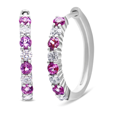 10K White Gold 2.5MM Pink Sapphire Gemstone and 1/2 Cttw Diamond Hoop Earrings (H-I Color, I1-I2 Clarity)