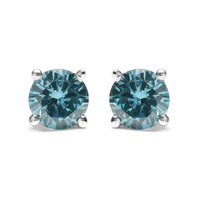 14K White Gold 1/2 Cttw Aqua Blue Diamond Screw-Back 4-Prong Classic Stud Earrings (Color Treated, I2-I3)