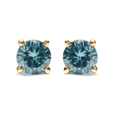 14K Yellow Gold 1/2 Cttw Aqua Blue Diamond Screw-Back 4-Prong Classic Stud Earrings (Treated Blue, I2-I3)