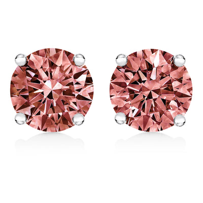 14K White Gold 1.0 Cttw Round Brilliant Cut Lab Grown Pink Diamond 4-Prong Classic Solitaire Earrings (Pink Color, VVS2-VS1 Clarity)