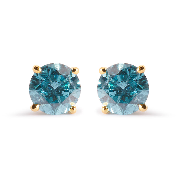 14K Yellow Gold 1.0 Cttw Treated Aqua Blue Diamond Classic Solitaire Stud Earrings (Aqua Blue Color, I2-I3 Clarity)