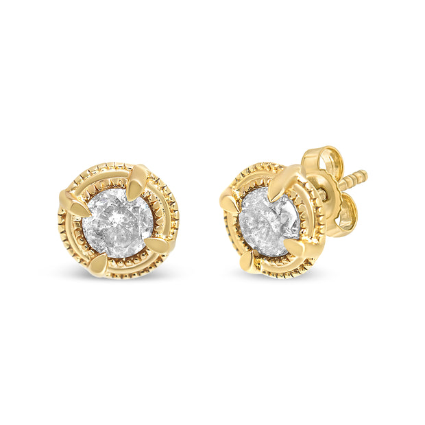 14K Yellow Gold Plated .925 Sterling Silver 1-1/2 Cttw Round Brilliant Cut Diamond Solitaire Milgrain Stud Earrings (K-L Color, I2-I3 Clarity)