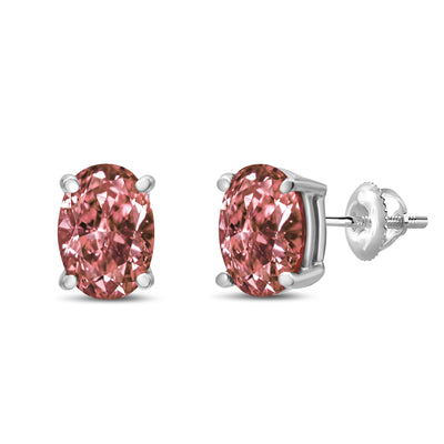 14K White Gold 1.0 Cttw Lab Grown Pink Oval 4 Prong Set Classic Diamond Solitaire Stud Earrings (Pink Color, VS2-SI1 Clarity)