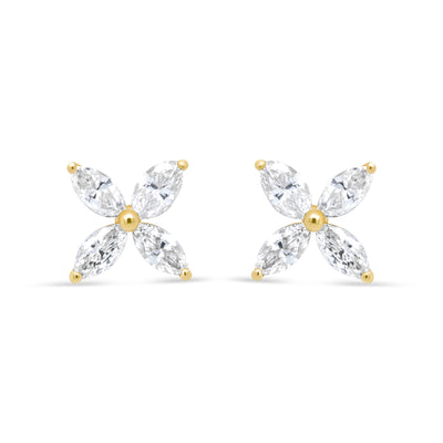 14K Yellow Gold 3/4 Cttw Marquise Diamond 8 Stone Floral Leaf Stud Earrings (I-J Color, SI2-I1 Clarity)