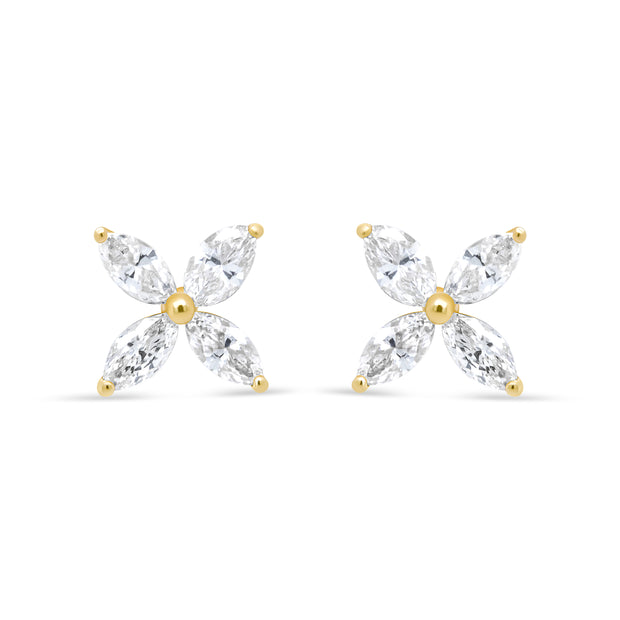 14K Yellow Gold 3/4 Cttw Marquise Diamond 8 Stone Floral Leaf Stud Earrings (I-J Color, SI2-I1 Clarity)