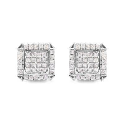 10K White Gold 1 1/10 Cttw Princess Diamond Composite and Halo Stud Earrings (I-J Color, I1-I2 Clarity)