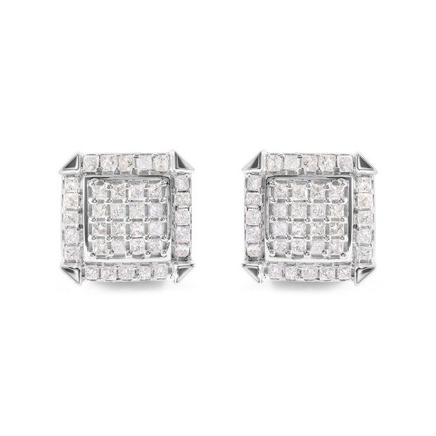 10K White Gold 1 1/10 Cttw Princess Diamond Composite and Halo Stud Earrings (I-J Color, I1-I2 Clarity)