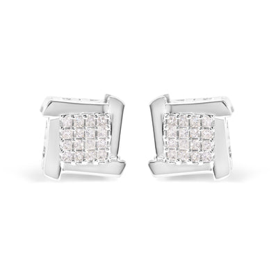 10K White Gold 1/2 Cttw Composite  Princess Diamond Square and Swirl Stud Earrings (I-J Color, I1-I2 Clarity)