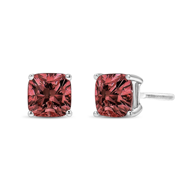 14K White Gold 1 1/2 Cttw Lab Grown Pink Cushion 4-Prong Set Classic Diamond Solitaire Stud Earrings (Pink Color, VS1-VS2 Clarity)