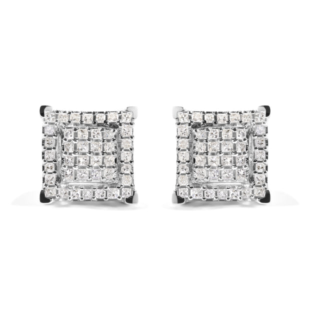 10K White Gold 1 1/4 Cttw Princess Diamond Composite Double Square and Halo Stud Earrings (I-J Color, I1-I2 Clarity)