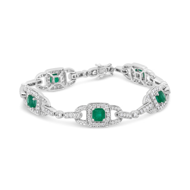 14K White Gold 5mm Emerald Cushion Cut and 2.00 Cttw Round Bezel-Set Diamond Link Bracelet - (H-I Color, VS1-VS2 Clarity) - Size 7"