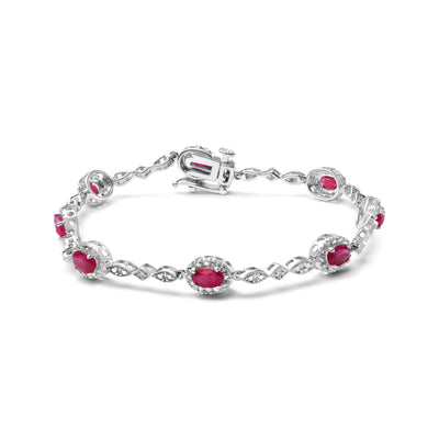 10K White Gold 4.5mm x 3mm Oval Ruby and Diamond Link Bracelet (H-I Color, SI1-SI2 Clarity)  - Size 7"