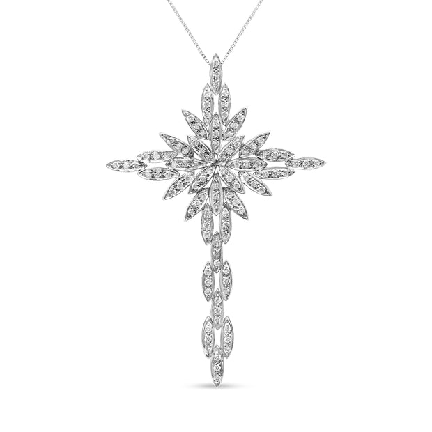 14K White Gold 1.0 Cttw Cocktail Cluster Cross 18" Pendant Necklace (H-I Color, SI1-SI2 Clarity)