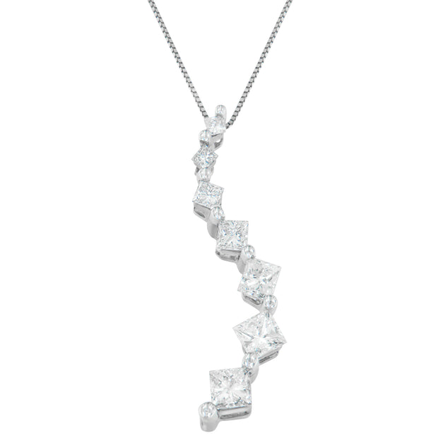 14K White Gold Princess and Baguette Cut Diamond Journey Pendant Necklace (1.00 cttw, H-I Color, I1-I2 Clarity)