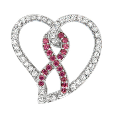 14K White Gold 3/4 Cttw White Diamond Awareness Ribbon & Open Heart 18" Pendant Necklace (H-I Color, I1-I2 Clarity) - 3/8 Cttw Created Pink Sapphire Ribbon