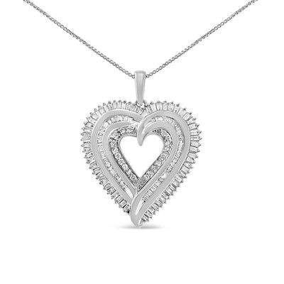 .925 Sterling Silver 1 1/2 Cttw Baguette Diamond Composite Heart 18" Inch Pendant Necklace (I-J Color, I1-I2 Clarity)