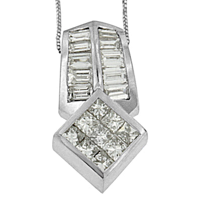 14K White Gold 1 1/2 cttw Princess and Baguette Cut Diamond Multi-shape Pendant Necklace (G-H, VS1-VS2)