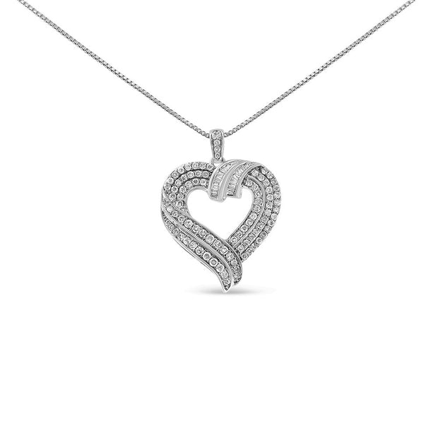 .925 Sterling Silver 1.00 Cttw Baguette Diamond Composite Open Heart 18" Inch Pendant Necklace (I-J Color, I1-I2 Clarity)