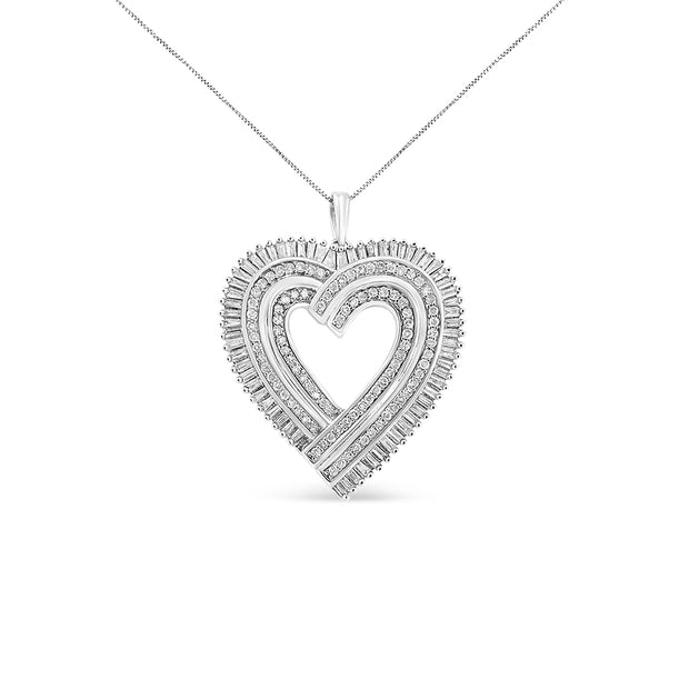 .925 Sterling Silver 1 1/4 Cttw Round and Baguette-Cut Diamond Composite Heart 18" Pendant Necklace (I-J Color, I1-I2 Clarity)