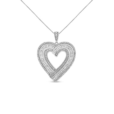 .925 Sterling Silver 1 3/8 Cttw Baguette Diamond Composite Heart 18" Inch Pendant Necklace (I-J Color, I1-I2 Clarity)