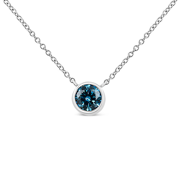 14K White Gold 1/2 Cttw Blue Lab Grown Diamond Modern Bezel-Set Solitaire 16"-18" Pendant Necklace (Blue Color,  VS2-SI1 Clarity)