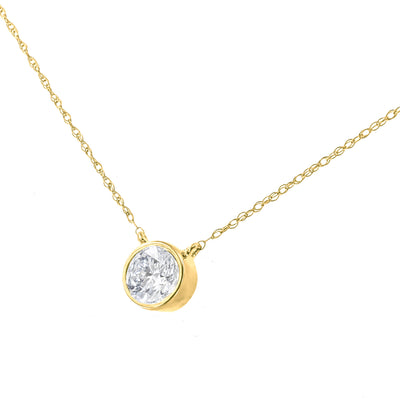 AGS Certified 10K Yellow Gold 1/3 Cttw Bezel Set Round Diamond Solitaire 16-18" Adjustable Pendant Necklace (I-J Color, SI2-I1 Clarity)