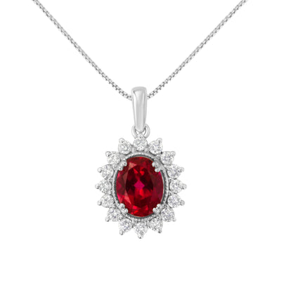 10K White Gold Created 9MM Ruby Gemstone and Natural Diamond Pendant Necklace (H-I Color, I1-I2 Clarity)