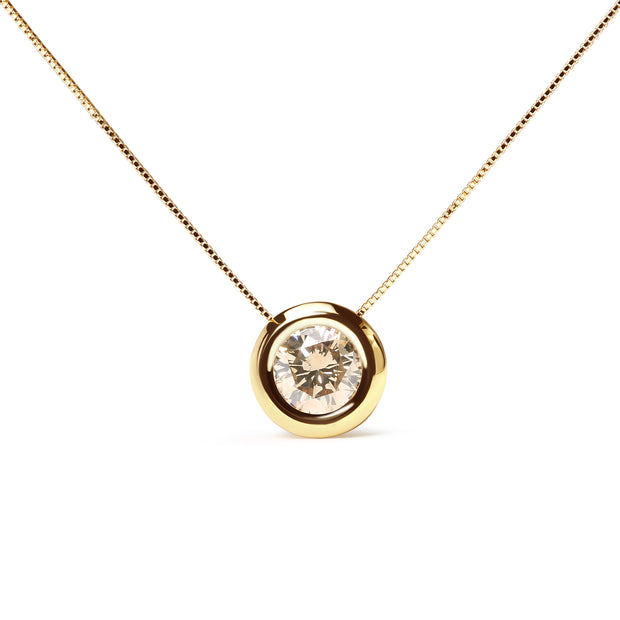 14K Yellow Gold 1 3/8 Cttw Bezel Set Round Champagne Diamond Solitaire 18" Pendant Necklace (Champagne Color, SI2-I1 Clarity)