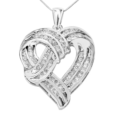 .925 Sterling Silver 1 1/4 Cttw Round Diamond Openwork Ribbon Weave Heart Pendant 18" Necklace (I-J Color, I3 Clarity)