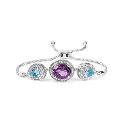 .925 Sterling Silver Oval Amethyst and Pear Blue Topaz with Diamond Accent Lariat 4”-10” Adjustable Bolo Bracelet (H-I Color, SI1-SI2 Clarity)