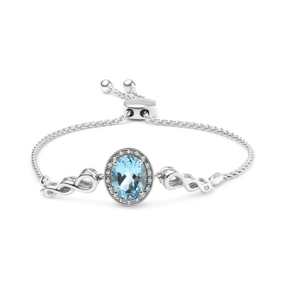 .925 Sterling Silver 10x8mm Oval Blue Topaz and Diamond Accent Lariat 4”-10” Adjustable Bolo Bracelet (H-I Color, SI1-SI2 Clarity)