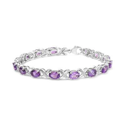 .925 Sterling Silver 7x5mm Oval Amethyst and Diamond Accent X-Link Bracelet (H-I Color, SI1-SI2 Clarity)  - Size 7"