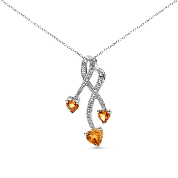 .925 Sterling Silver 3-Stone Heart Shape Citrine and Diamond Accent Spiral Drop 18" Pendant Necklace (H-I Color, SI1-SI2 Clarity)
