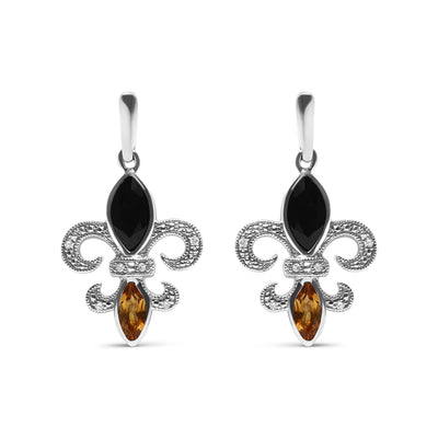 .925 Sterling Silver Marquise Cut Onyx and Citrine with Diamond Accent Fleur De Lis Drop Stud Earrings (H-I Color, SI1-SI2 Clarity)