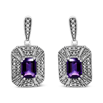 .925 Sterling Silver 7x5MM Emerald Shape Purple Amethyst and Diamond Accent Art Deco Halo Style Drop and Dangle Earrings (I-J Color, I1-I2 Clarity)
