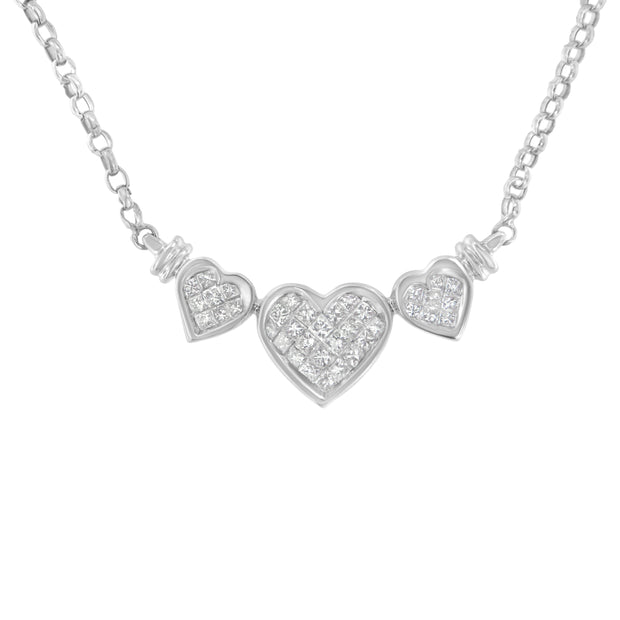 14K White Gold 1.0 Cttw Princess Cut Diamond Three Heart 18" Statement Pendant Necklace (H-I Color, SI2-I1 Clarity)
