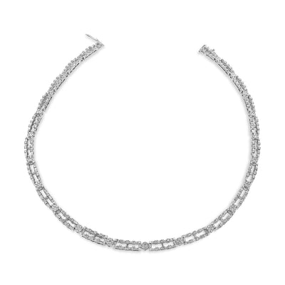 AGS Certified 14K White Gold 8 1/2 Cttw Diamond Alternating Bar and Floral Cluster Link 18" Choker Necklace (G-H Color, SI2-I1 Clarity) | American Jewelry