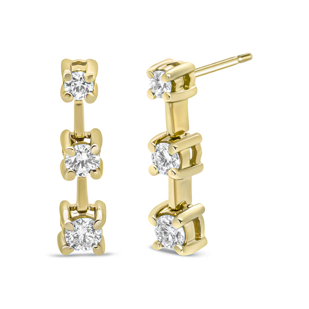 14K Yellow Gold 1/4 Cttw Round Diamond 3 Stone Graduated Linear Drop Past, Present and Future Stud Earrings (H-I Color, SI1-SI2 Clarity)