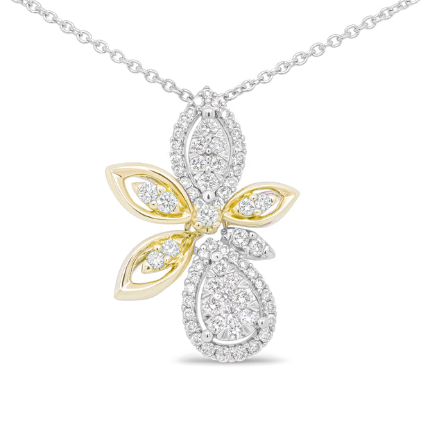 14K White and Yellow Gold 5/8 Cttw Round Diamond Marquise Floral Style 18" Pendant Necklace (H-I Color, I1-I2 Clarity)