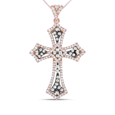 14K Rose Gold and Black Rhodium 1.0 Cttw Diamond Ornate Vintage St. James Budded Cross Pendant 18" Necklace - (Brown/H-I Color, SI1-SI2 Clarity)