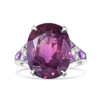 American Jewelry | Platinum Heat-Treated Purple Trillion Sapphire and Diamond Accent Cocktail Ring (VS1-VS2 Clarity, F-G Color