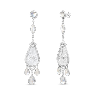 Platinum 1 5/8 Cttw Round Diamond, Moon Stone, and Hand-Carved Rock Crystal Dangle Drop Earrings (VVS2-VS1 Clarity, F-G Color)