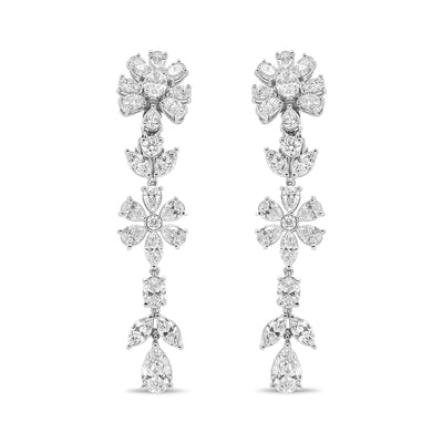 American Jewelry 18K White Gold 10 1/4 Cttw Fancy Diamond Mixed Cluster Floral Dangle Drop Earrings (VS1-VS2 Clarity, G-H Color)